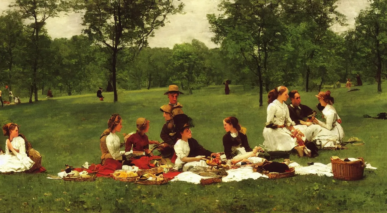 Image similar to the picnic, in Pennsylvania, 1850, painting by Winslow Homer, oil on canvas