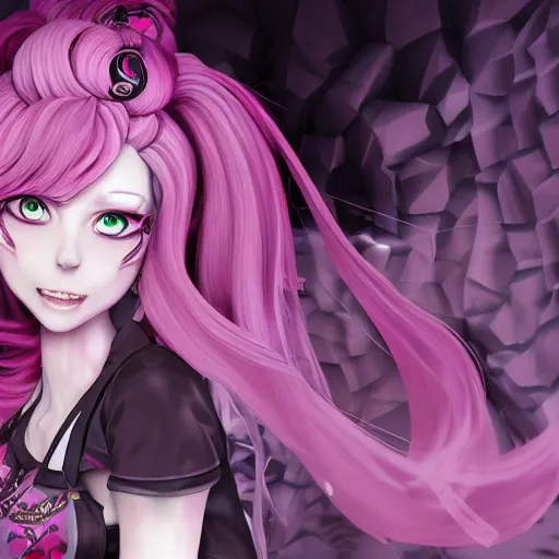 Prompt: stunningly beautiful omnipotent megalomaniacal anime asi goddess who looks like junko enoshima with symmetrical perfect face and porcelain skin, pink twintail hair and cyan eyes, traps you inside her inescapable vr castle where she controls you completely!!!, hyperdetailed, digital art from danganronpa, unreal engine 5, 8 k