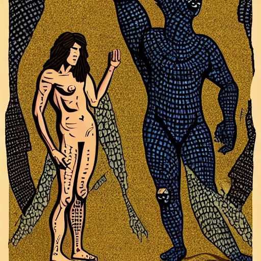 Image similar to adam and eve bigger than godzilla, apotheon art style, smooth painting, each individual seeds have ultra high detailed, 4 k, illustration, torn cosmo magazine style, pop art style, ultra realistic, underrated, by mike swiderek, jorge lacera, ben lo, tyler west