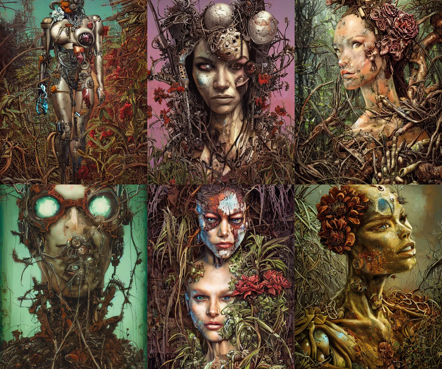 Prompt: cyborg supermodel portrait, overgrowth, flowers, rusted metal, derelict, greg simkins, dan mumford