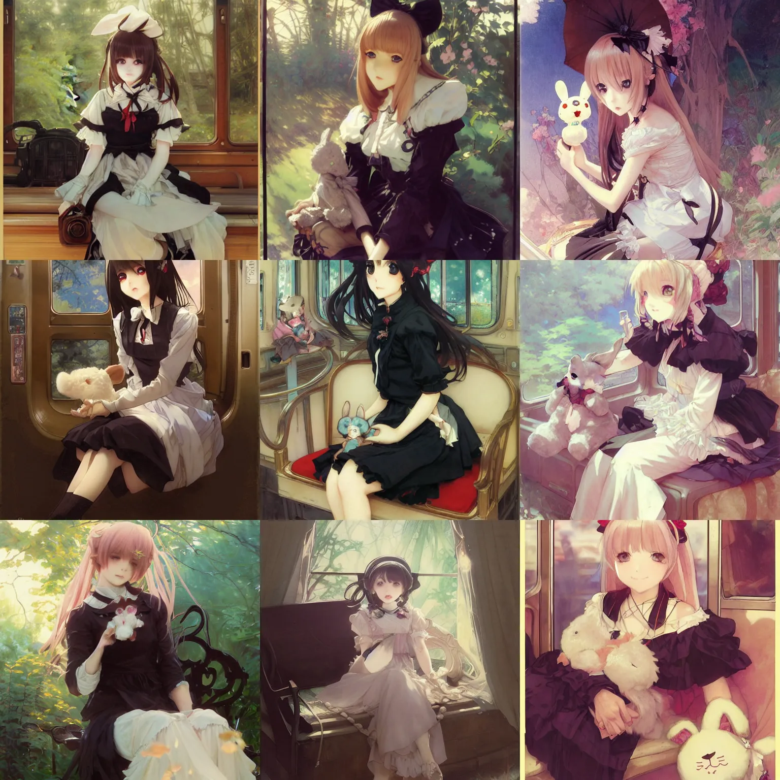 Prompt: cute anime girl portrait, black gothic lolita dress, holding a plush bunny, sitting in a seat in a train, smile, by krenz cushart and mucha and akihito yoshida and greg rutkowski, painting by gaston bussiere, craig mullins, j. c. leyendecker