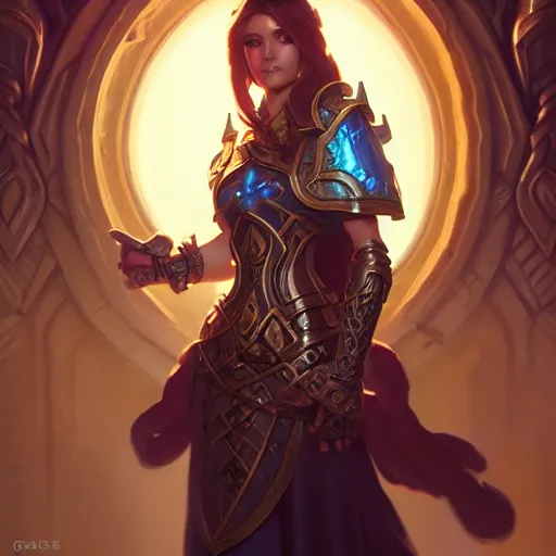 Image similar to paladin, female, chains, d & d, fantasy, intricate, elegant, highly detailed, digital painting, artstation, octane render, concept art, matte, sharp focus, illustration, hearthstone, art by artgerm and greg rutkowski and alphonse mucha