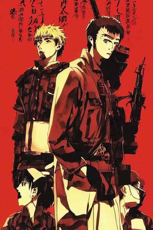 Prompt: professionally drawn seinen mature detective military horror action manga comic cover, full color, beautifully drawn coherent professional, drawn by ilya kuvshinov, ilya kuvshinov, satoshi kon, kentaro miura, dave mckean, tsutomu nihei. japanese script kanji hiragana on the cover. minimalist stylized cover art. yellow red cel shaded