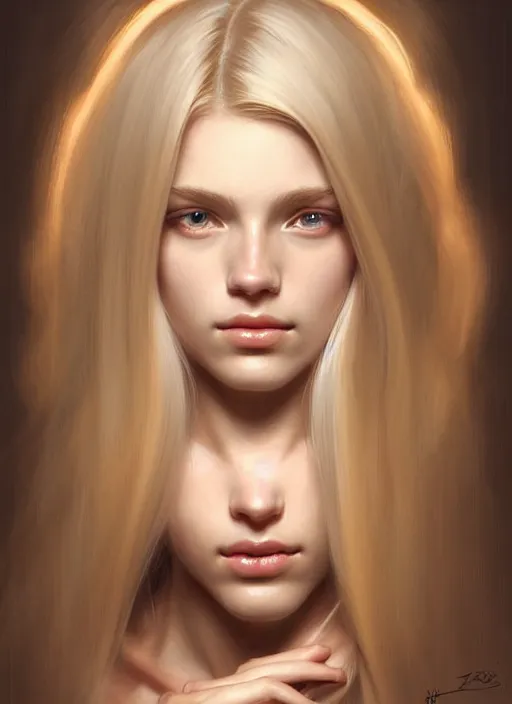 Prompt: perfect feminine face!! portrait of young wife blessed by god with ever - increasing physical mental perfection, blonde, symmetrical! intricate, sensual features, highly detailed, biblical divine holy!! digital painting, artstation, concept art, smooth, sharp focus, illustration, art by artgerm and greg rutkowski and alphonse mucha