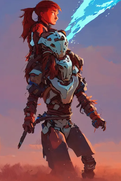 Image similar to combination suit armor aloy horizon forbidden west horizon zero dawn robot ninja mask helmet backpack tribal, fanart behance hd artstation by jesper ejsing, by rhads, makoto shinkai and lois van baarle, ilya kuvshinov, ossdraws