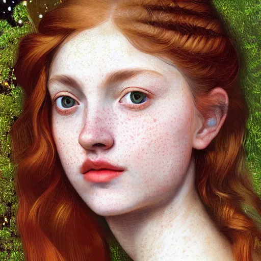 Image similar to portrait of happy a young woman, among the lights of golden fireflies and nature, long loose red hair, intricate details, birght green eyes, freckles on the nose, round gentle face, romantic dress, deep focus, smooth, sharp, golden ratio, hyper realistic digital art by artemisia lomi gentileschi and caravaggio and artgerm