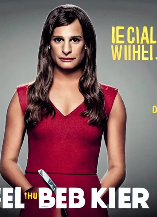 Image similar to glee sequel poster where rachel berry is the villain, evil bloody serial killer lea michele in rags with knife cackling maniacally, with text, dark disturbing version of glee, airing in 2 0 2 3, high quality detail, close - up of rachel's face