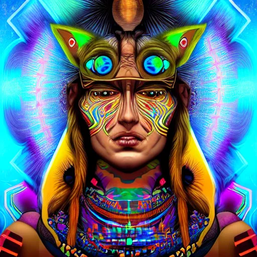 Image similar to portrait of a future metaverse tech Ayahuasca shaman warrior, 2D cartoon, visionary art, symmetric, Magick symbols, holy halo, shipibo patterns, sci-fi, concept art, trending on art station, 8k digital art