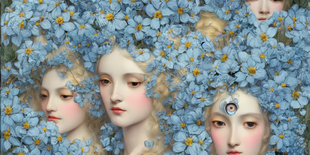 Image similar to breathtaking detailed concept art painting art deco pattern of blonde faces goddesses amalmation light - blue flowers with anxious piercing eyes and blend of flowers and birds, by hsiao - ron cheng and john james audubon, bizarre compositions, exquisite detail, extremely moody lighting, 8 k