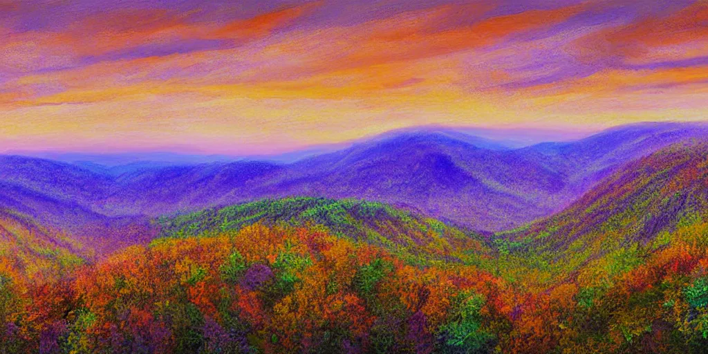 Image similar to a modern digital painting of the appalachian mountains panoramic, bright, summer, wide - angle purple hues sunset