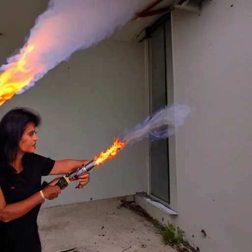 Image similar to Priti Pattel Weilding A flamethrower, firing it into a building, medium shot photo 8k ultrahd