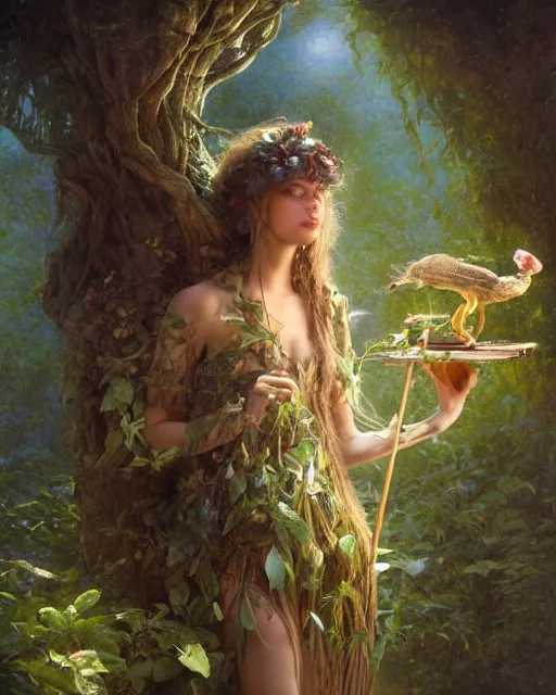 Image similar to dryad musician, portrait, accompanied by a feathered mouse, studio lighting by jessica rossier and brian froud and gaston bussiere