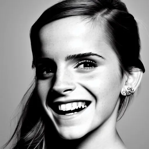 Image similar to Emma Watson closeup of face shoulders and very long hair hair grinning grinning teeth Vogue fashion shoot by Peter Lindbergh fashion poses detailed professional studio lighting dramatic shadows professional photograph by Cecil Beaton, Lee Miller, Irving Penn, David Bailey, Corinne Day, Patrick Demarchelier, Nick Knight, Herb Ritts, Mario Testino, Tim Walker, Bruce Weber, Edward Steichen, Albert Watson