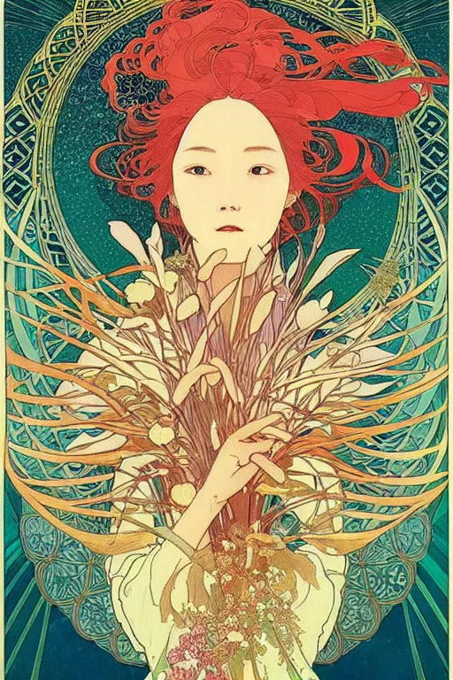 Prompt: phoenix, victo ngai style, alfons mucha ， from china, style of studio ghibli, chinese style