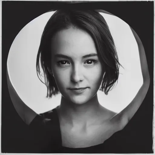Image similar to elevated square that is frame centered with a circle matte inside, behind is a silhouette figure with a soft light barely hitting the top of her head and side of her cheek, volumetric lighting, relaxed subtle gaze into camera