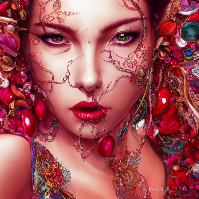 Image similar to an absurdly beautiful, elegant, young hypercolorful sensual woman made of rubies and red gems, ultrafine hyperrealistic detailed face illustration by kim jung gi, irakli nadar, intricate linework, sharp focus, bright colors, matte, octopath traveler, final fantasy, unreal engine highly rendered, global illumination, radiant light, intricate environment