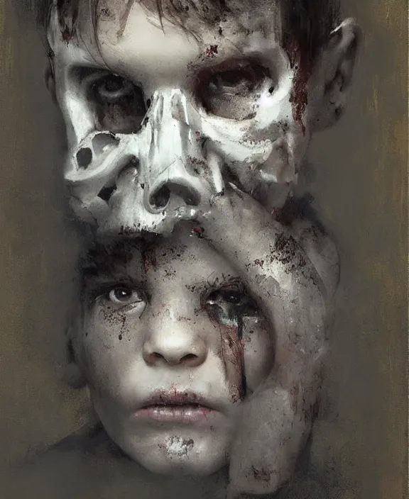 Prompt: a boy wearing a skull by jeremy mann