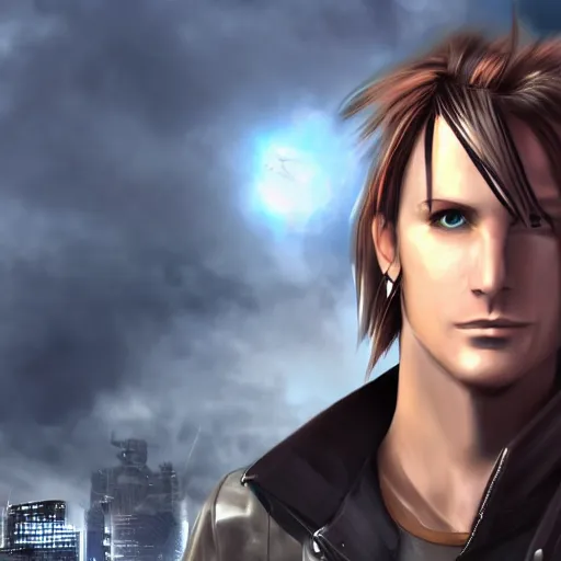 Prompt: photorealistic squall leonhart in a sci fi city