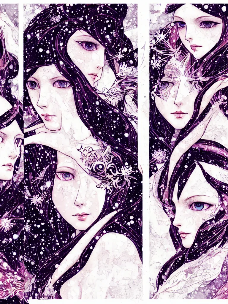 Image similar to triad of winter muses as december, january, and february, style mix of æon flux, shepard fairey, botticelli, ivan bilibin, john singer sargent, pre - raphaelite, shoujo manga, harajuku fashion, dormant nature, snow, ice, stark colors, superfine inking, ethereal, 4 k photorealistic, arnold render