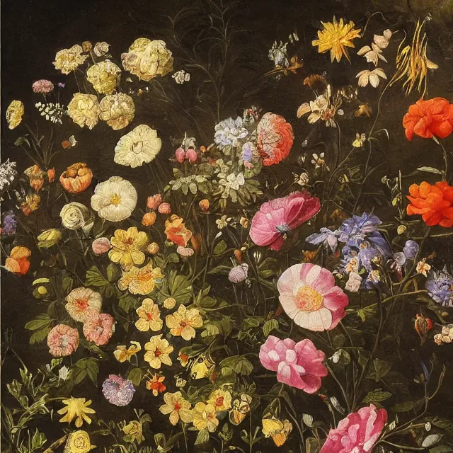 Image similar to a painting of flowers in a garden at night, a flemish baroque by jan van kessel the younger, intricate high detail masterpiece