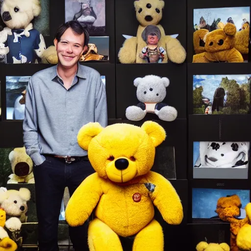 Image similar to a ( ( ( ( yellow teddy bear ) ) ) proudly standing in front of his nfts collection!!!! 4 k photo