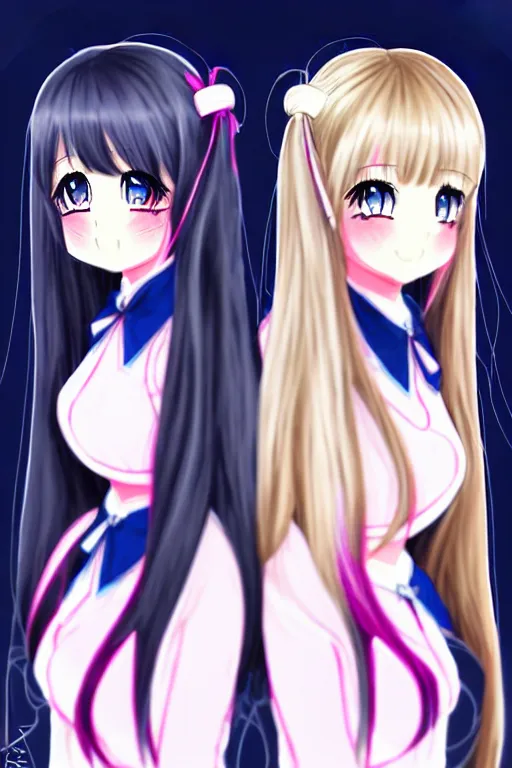 Image similar to two beautiful female idols with twintails facing each other, dark background, detailed anime art