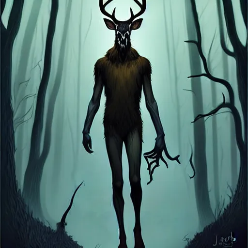 Image similar to rafeal albuquerque comic art, joshua middleton, artgerm : : wendigo monster with deer skull face, antlers, furry body, tall and lanky : : walking through the forest : : night time : : spooky, scary, fog