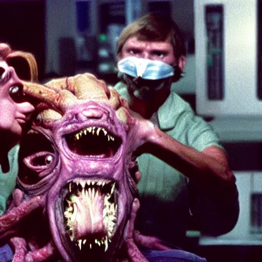 Image similar to a 35mm filmic wide shot ground level angle movie still color film photograph of a shape shifting alien creature with multiple mutated snarling drooling human faces and a grotesque variety of human & animal arms trying to grab a doctor wearing a surgical mask, in the style of a live action 1980s horror film, The Thing 1982