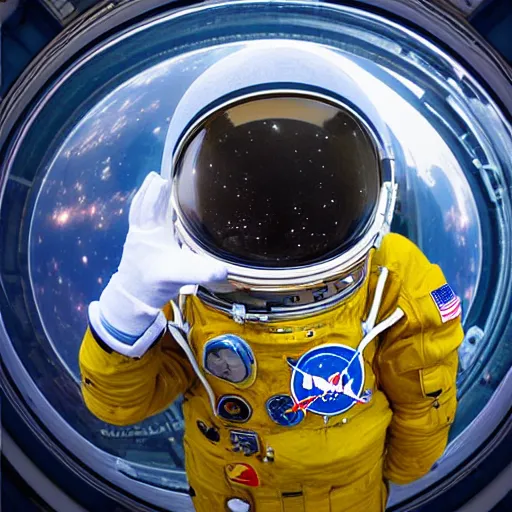 Image similar to “dark skinned astronaut wearing translucent helmet waving at the international space station nigerian woman facial features highly detailed professional photography 400mm fisheye in the style of Edward hooper”