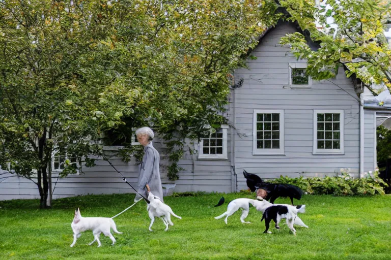 Image similar to the sour, dour, angry, gray - haired lady across the street is walking her three small white and black dogs. she shuffles around, looking down. highly detailed. green house in background. large norway maple tree in foreground. view through windows.