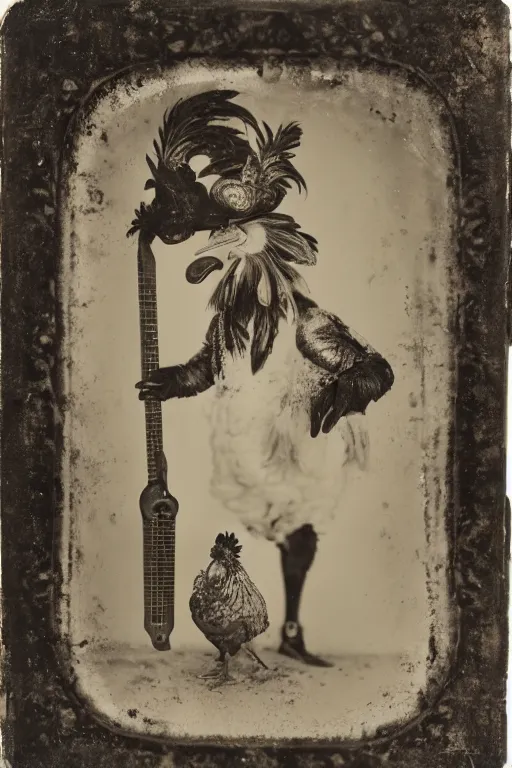 Image similar to a wet plate photo of an anthropomorphic rooster with a lute