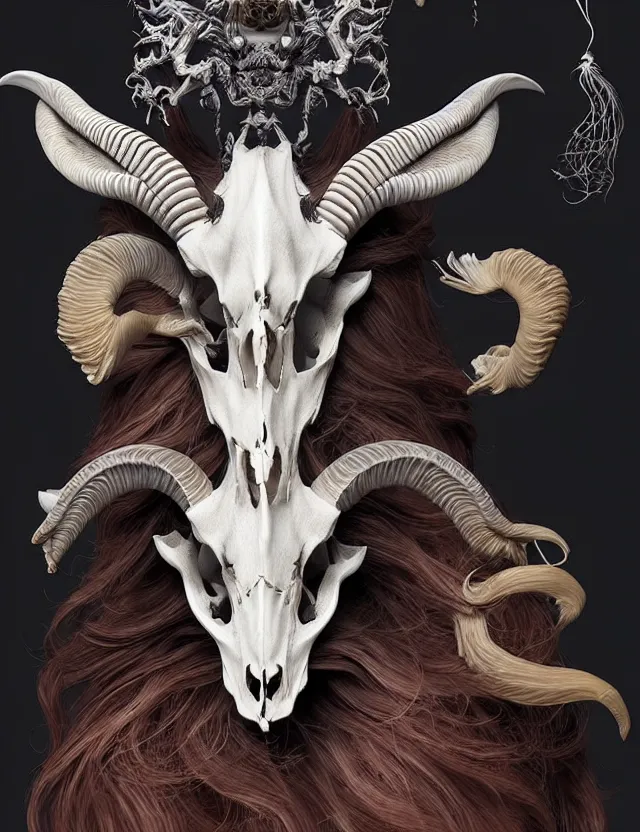 Prompt: 3 d goddess goat skull half - turn portrait with long hair with ram skull. beautiful intricately detailed japanese crow kitsune mask and clasical japanese kimono. betta fish, jellyfish phoenix, bio luminescent, plasma, ice, water, wind, creature, artwork by tooth wu and wlop and beeple and greg rutkowski