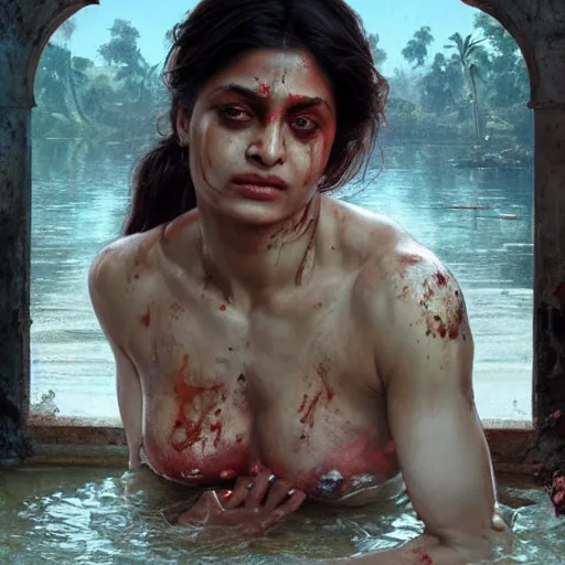 Prompt: portrait painting of a muscular bloodied indian middle aged woman bathing, ultra realistic, concept art, intricate details, eerie, horror, highly detailed, photorealistic, octane render, 8 k, unreal engine. art by artgerm and greg rutkowski and alphonse mucha