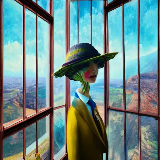 Prompt: giant daisy flower face, woman in suit, standing next to modern window in luxury loft, surreal photography, sunlight, impressionist painting, digital painting, artstation, simon stalenhag