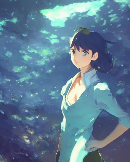 Prompt: a girl wearing a blue and green outfit that looks like earth, full shot, atmospheric lighting, detailed face, by makoto shinkai, stanley artgerm lau, wlop, rossdraws