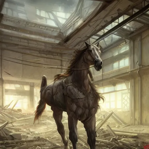 Image similar to a hyper - muscular anthropomorphized horse wearing a tactical bodysuit standing in the ruins of a facility, equine, highly detailed, digital painting, artstation, sharp focus, concept art, illustration, art by artgerm, greg rutkowski, alphonse mucha