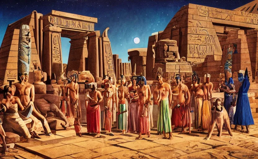 Prompt: a 1 9 5 0's technicolor cinematic scene of actors playing egyptian gods with animal heads, having a ceremony in a moonlit temple in karnak, realism, superior lighting, atmospheric