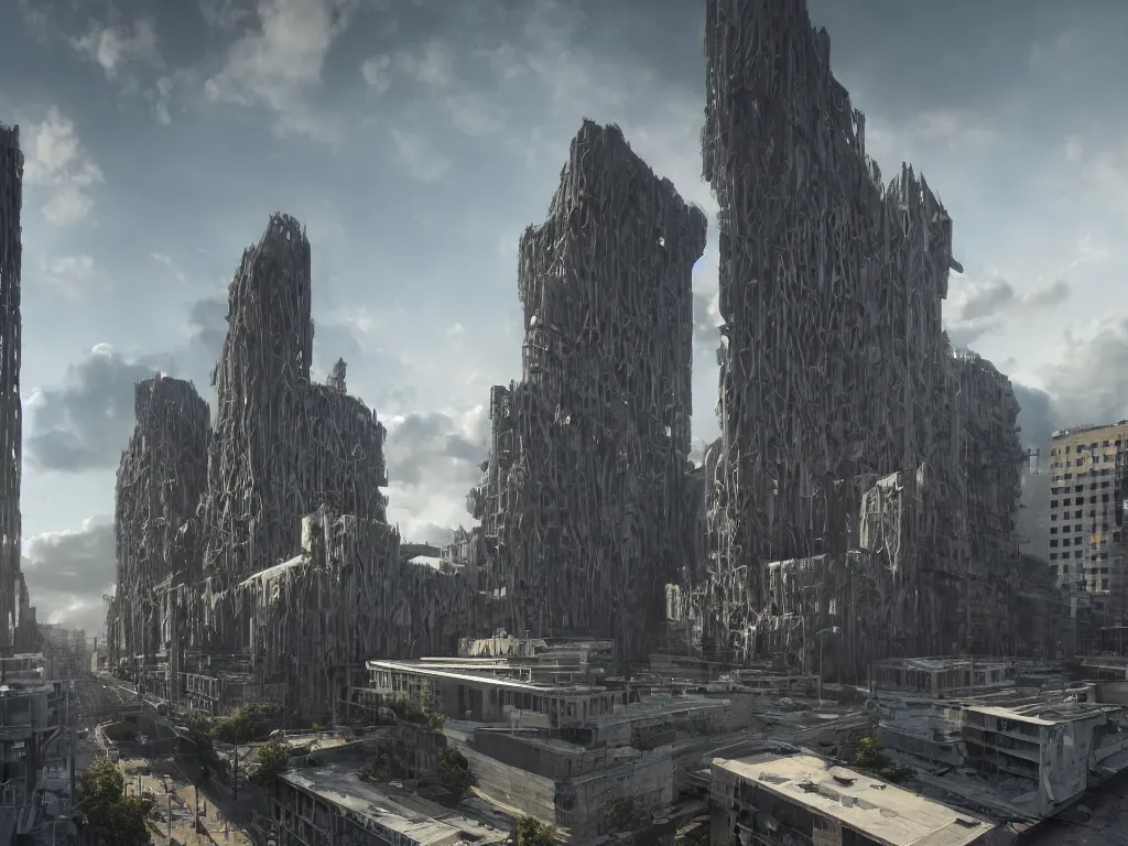 Image similar to streetscape, a towering cathedral of brutalist architecture, buildings covered with greebles, stunning volumetric light, sunset, metal, concrete and translucent material, stunning skies, majestic landscape, trending on Artstation, 8k, photorealistic, hyper detailed, unreal engine 5, IMAX quality, cinematic, epic lighting, in the style of Greg Rutkowski