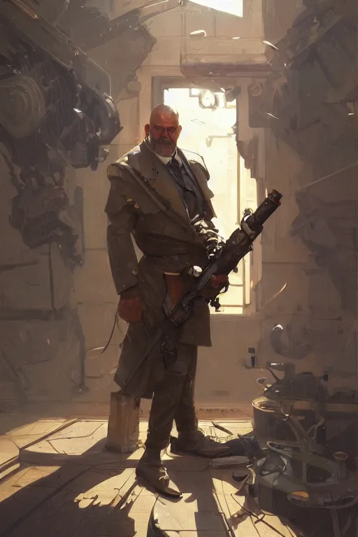 Prompt: a middle aged man as an artillery projectile, realistic painting, symmetrical, highly detailed, digital painting, artstation, concept art, smooth, sharp focus, illustration, cinematic lighting, art by artgerm and greg rutkowski and alphonse mucha