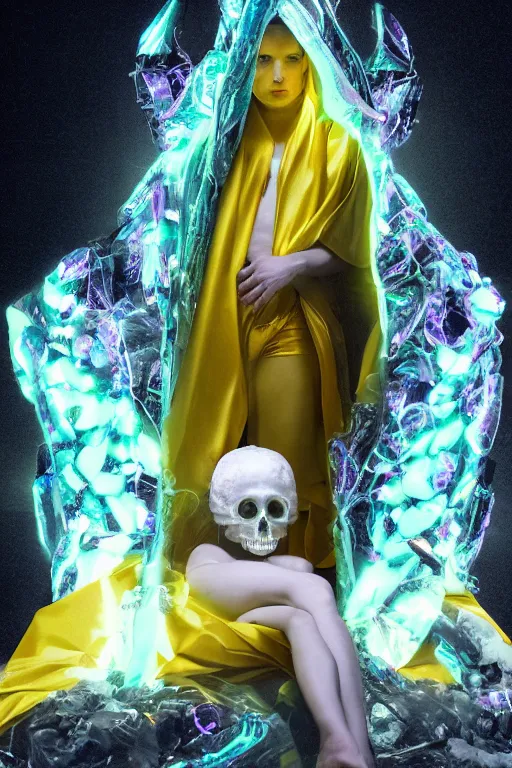 Prompt: photo of fullbody rococo and cyberpunk delicate neon crystalline sculpture of seductive muscular onyx albino marble prince nick jonas teal iridescent humanoid deity wearing yellow plastic hooded cloak holding an onyx skull in a onyx space dungeon, reclining, glowing yellow face, crown of white diamonds, cinematic lighting, photorealistic, octane render 8 k depth of field 3 d