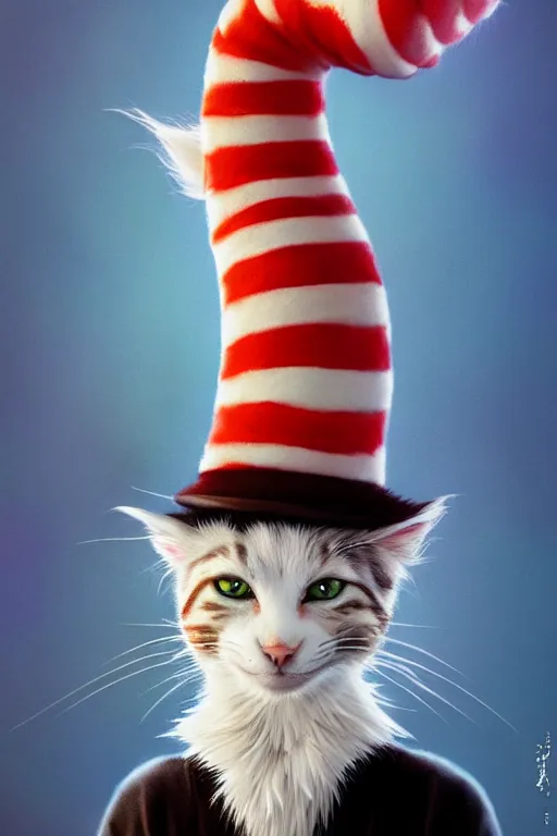 Prompt: complex 3 d render, hyper detailed, ultra sharp, of the cat in the hat, scary, cinematic, natural soft light, rim light, octane render, artstation, art by artgerm and greg rutkowski, dr seuss