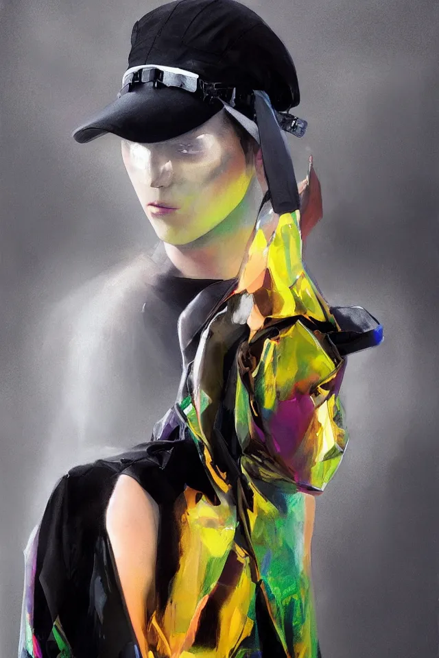 Image similar to digital fashion, androgynous person, tactical poncho latex rags, wearing a visor, techwear, iridiscent light, high key, cinematic lighting at night, neon, phil hale, boris vallejo, alberto mielgo, patrick o'keeffe