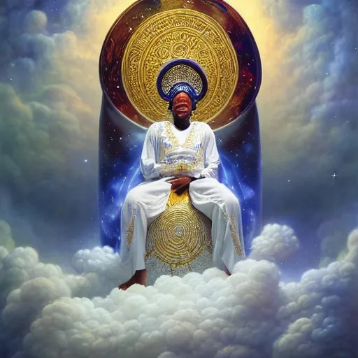 Image similar to obatala the cosmic god wearing all white and gold sitting on a throne of nebula clouds, by Adi granov and thomas blackshear and afarin sajedi in a surreal portrait style, matte painting, volumetric lighting, piercing eyes, detailed face, orisha, 8k, hd