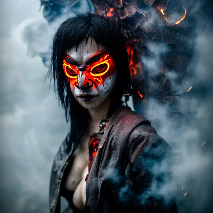 Image similar to a photo close up cyberpunk woman, wearing oni mask, fire dance in cyberpunk dirty alley, smoke mist rain, cyberpunk gunma prefecture, midnight, photorealistic, cinematic color, studio lighting, highly detailed, bokeh, style by tomino - sama