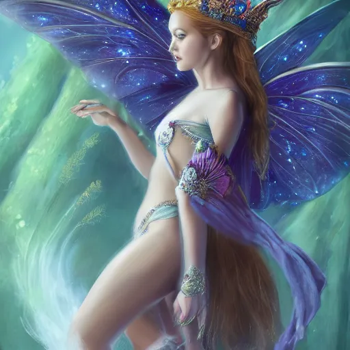 Image similar to detailed portrait of a fairy queen with wings wearing a silk robe, crown, pixie, iris, realism, emerald, galaxy, sapphire,blonde hair going down to the floor, moonlit, dark fantasy, dramatic lighting, cgsociety, artstation