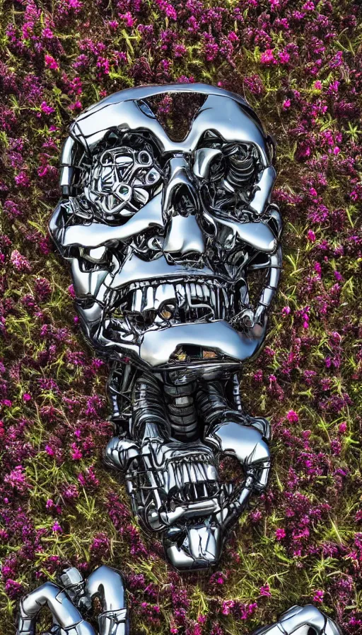 Image similar to destroyed terminator lying in a field of flowers, twisted metal, chrome, reflections, anthropomorphic, photorealism, smoke, metal, 8 k, surreal, wires, smooth, sharp focus, top view, extremely detailed, hyperrealism, elegant, establishing shot, by jeff koons, artgerm and greg rutkowski