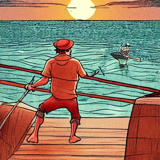 Prompt: precisely drawn illustration of fisherman fishing on a dock while the sun sets, wide angle, sharp, fine details, french comic style, vibrant realistic colors, full color, heroic fantasy, intense line art, 8 k, precise linework, realistic, in the style of heavy metal comics and richard corben and moebius