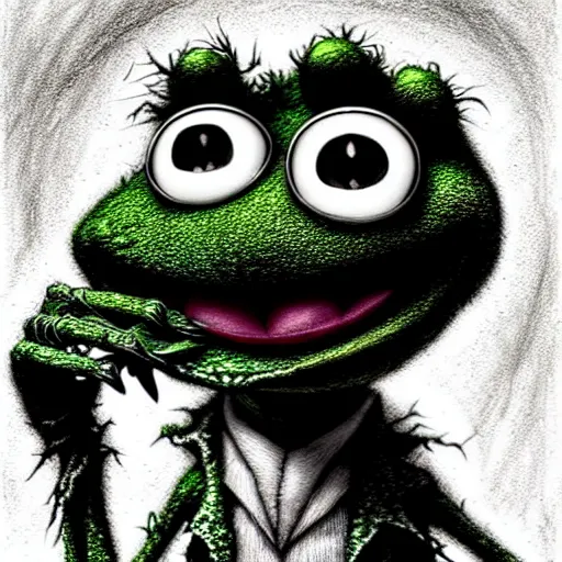 Prompt: michael karcz grunge cartoon drawing of kermit the frog. , in the style of corpse bride, loony toons style, horror themed, detailed, elegant, intricate