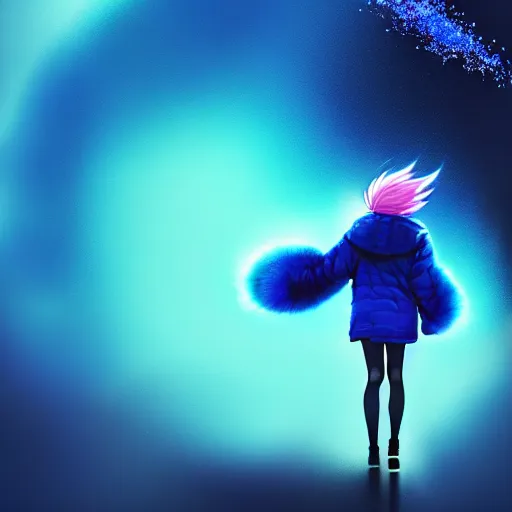 Image similar to blue sparks and bubbles flitting around a flying anime girl with long sky blue hair, low - angle shot from behind, blue coat, fur scarf, ultra fine detail, dark theme, realistic painting, photography, psychedelic, film still, cinematic, wlop, ilya kuvshinov, ismail inceoglu,