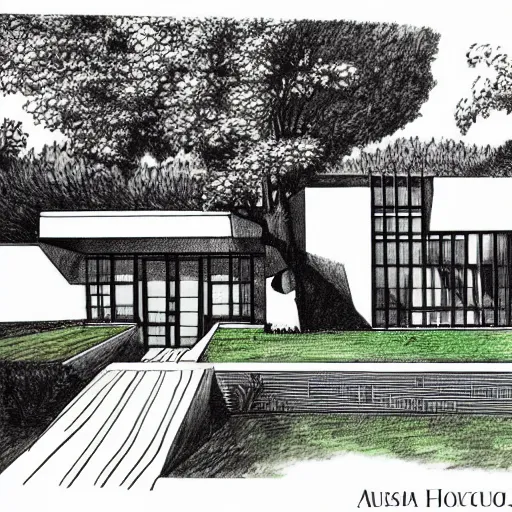 Image similar to an architectural drawing of a modern house with a courtyard, detailed, lush,